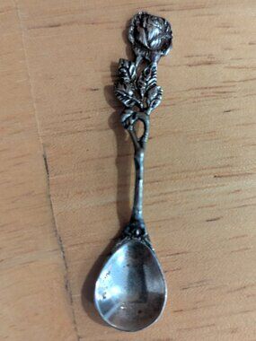Antique Silver 830 Rose‎ Floral Salt Spoon Ornate Beautiful 2.5"